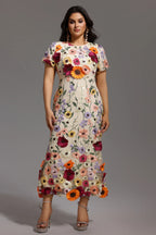 Nuan Short Sleeve Round Neck Flowers Fishtail Midi Dress