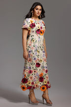 Nuan Short Sleeve Round Neck Flowers Fishtail Midi Dress
