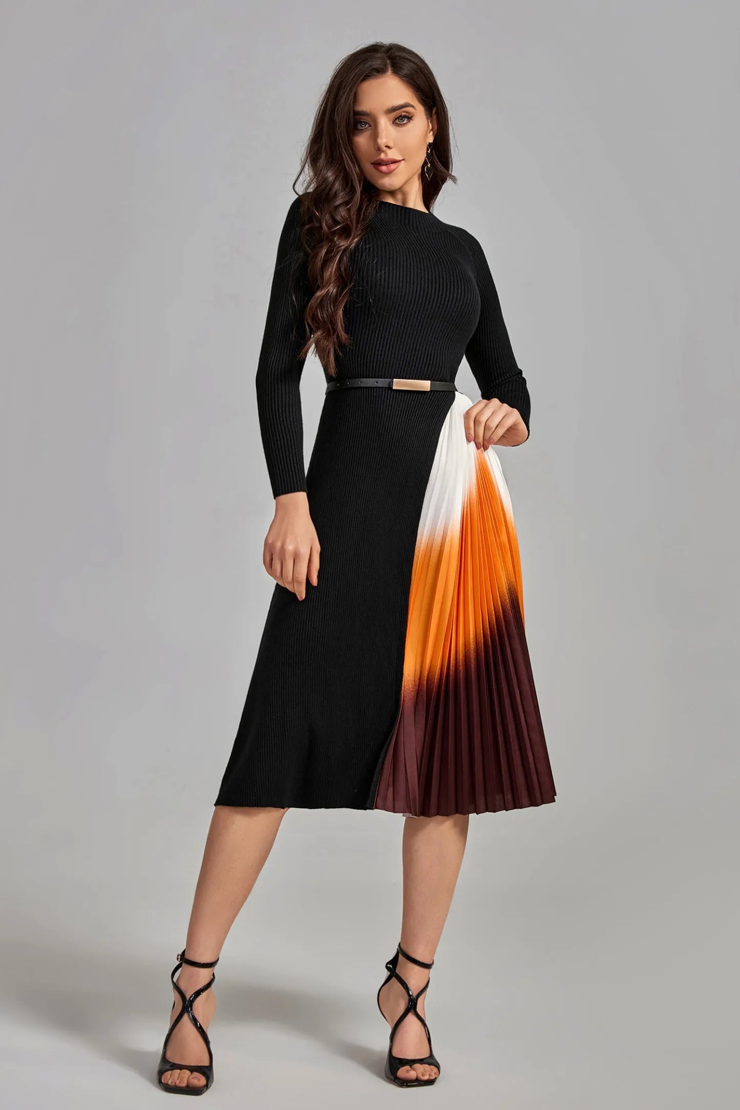 Rae Gradient Patchwork Pleated Midi Dress