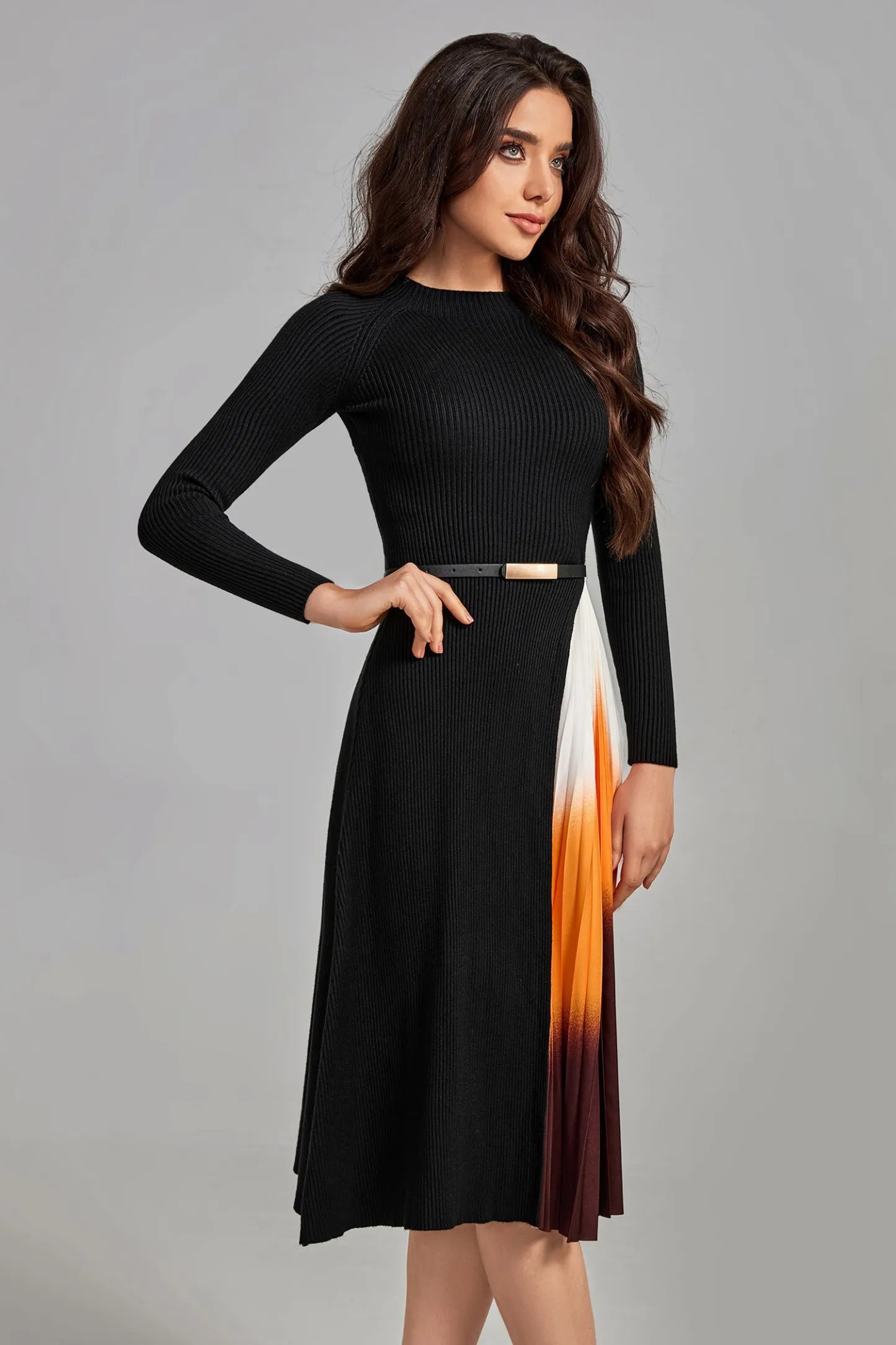 Rae Gradient Patchwork Pleated Midi Dress