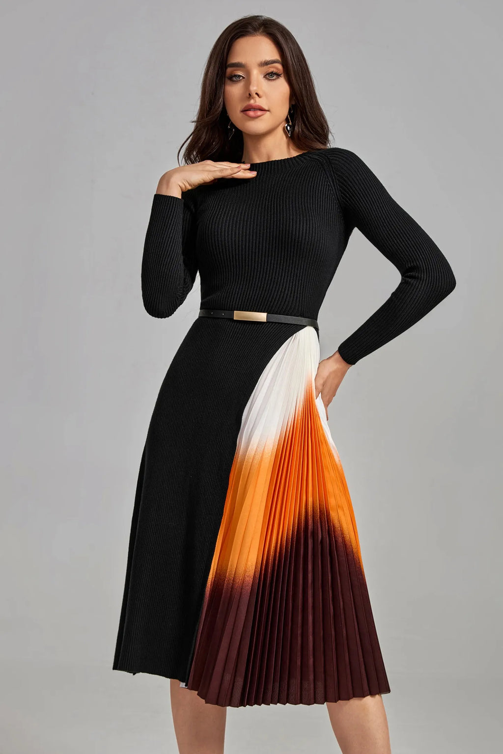 Rae Gradient Patchwork Pleated Midi Dress