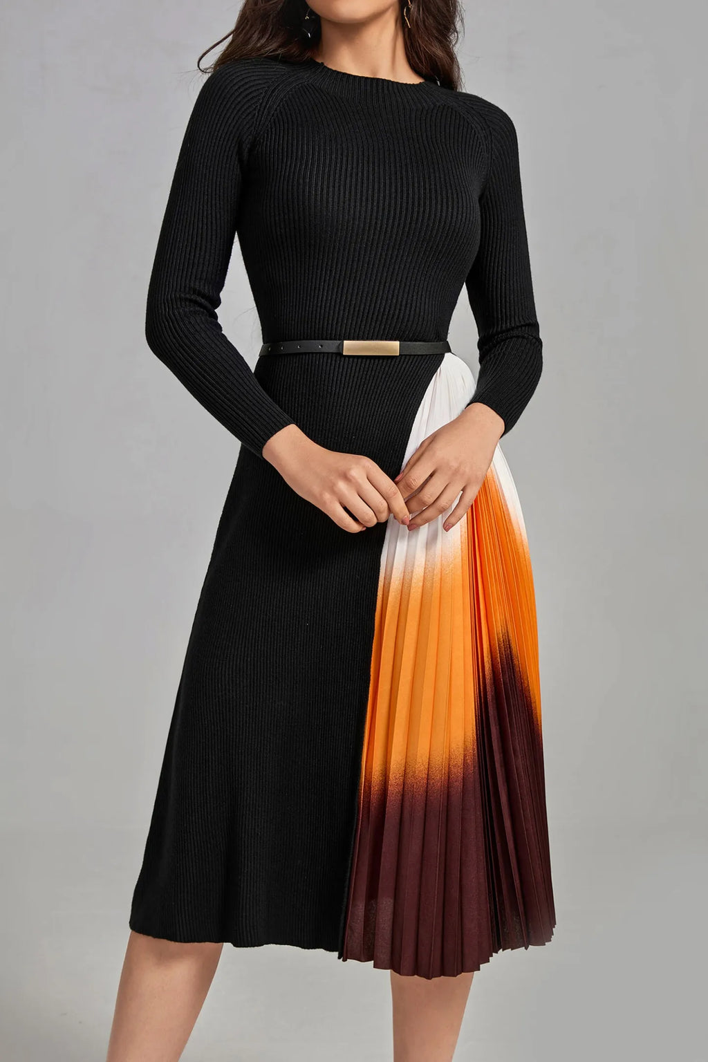 Rae Gradient Patchwork Pleated Midi Dress