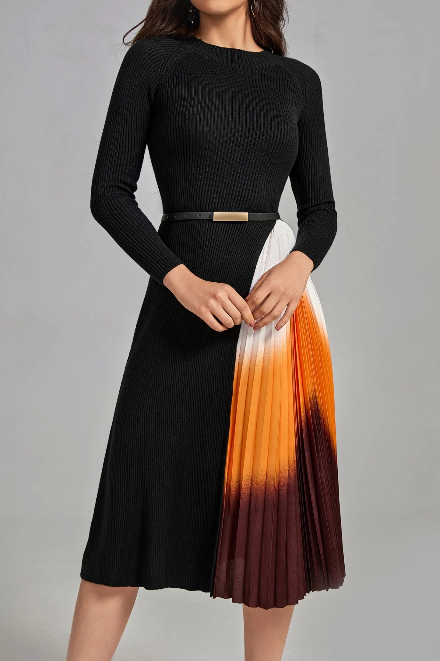Rae Gradient Patchwork Pleated Midi Dress